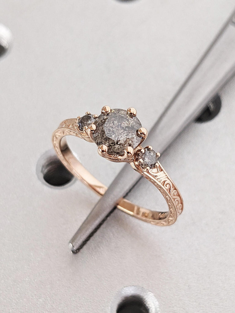 Vintage Raw Salt and Pepper Diamond Engagement Ring, Art Deco Round Cut Multi Stone Galaxy Diamond Ring, 14K Rose Gold Filigree Wedding Band