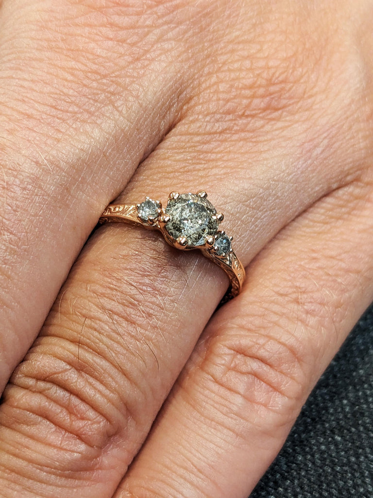 Round Cut Salt and Pepper Diamond Engagement Ring, 14K Rose Gold Art Deco 3 Stone Black Diamond Ring, Vintage Filigree Bridal Band