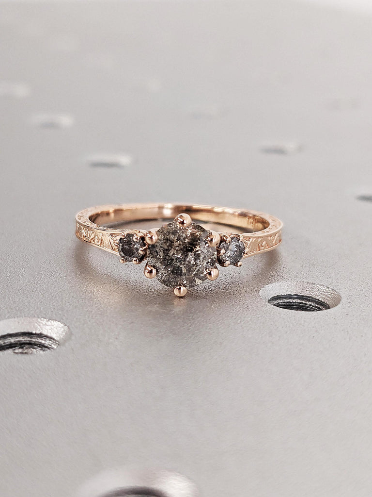 Round Cut Salt and Pepper Diamond Engagement Ring, 14K Rose Gold Art Deco 3 Stone Black Diamond Ring, Vintage Filigree Bridal Band