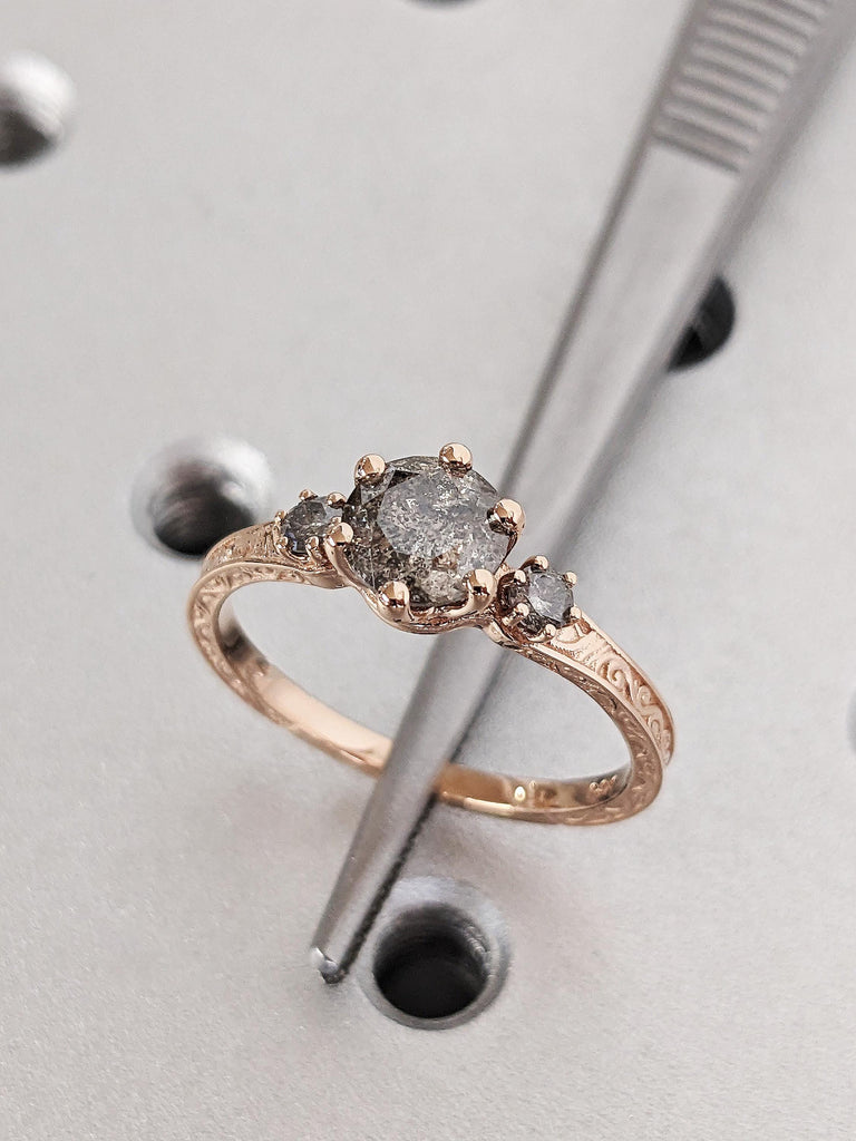 Vintage Raw Salt and Pepper Diamond Engagement Ring, Art Deco Round Cut Multi Stone Galaxy Diamond Ring, 14K Rose Gold Filigree Wedding Band