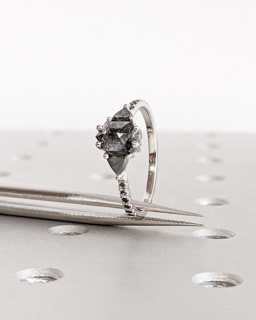 Hexagon Salt and Pepper Diamond Engagement Ring, Half Eternity Band, Trillion Diamonds, Art Deco Wedding 14K White Gold Promise Ring for Her