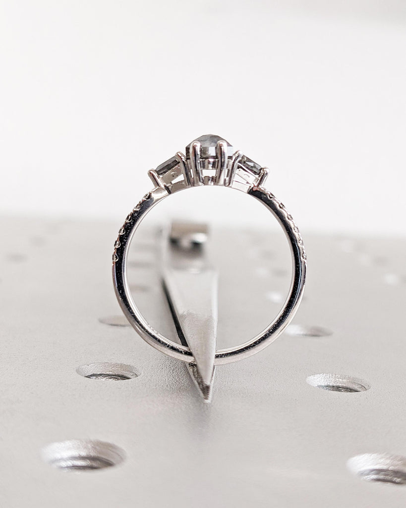 Vintage Grey Salt and Pepper Diamond Ring: Hexagon Diamond, Trillion Side Diamonds, Half Eternity Black Diamond Band, 14K White Gold