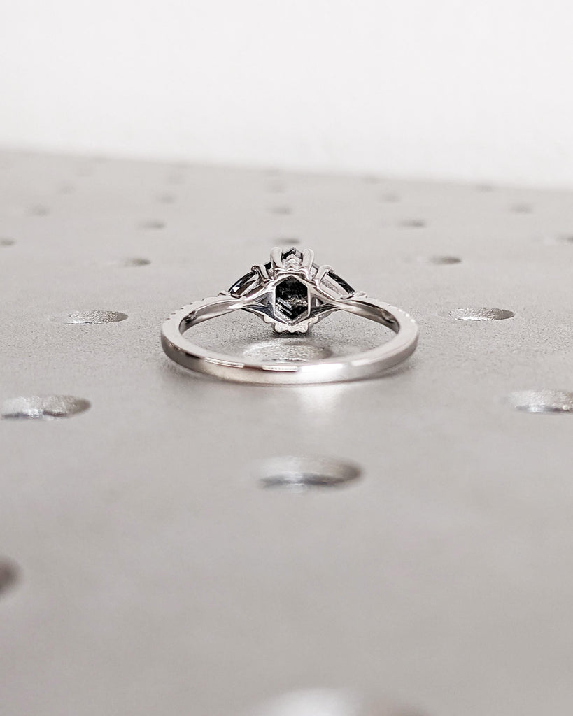 Vintage Grey Salt and Pepper Diamond Ring: Hexagon Diamond, Trillion Side Diamonds, Half Eternity Black Diamond Band, 14K White Gold