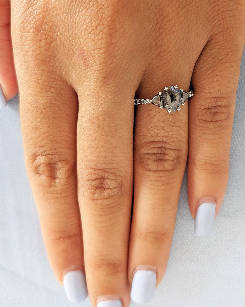 Hexagon Salt and Pepper Diamond Engagement Ring, Half Eternity Band, Trillion Diamonds, Art Deco Wedding 14K White Gold Promise Ring for Her
