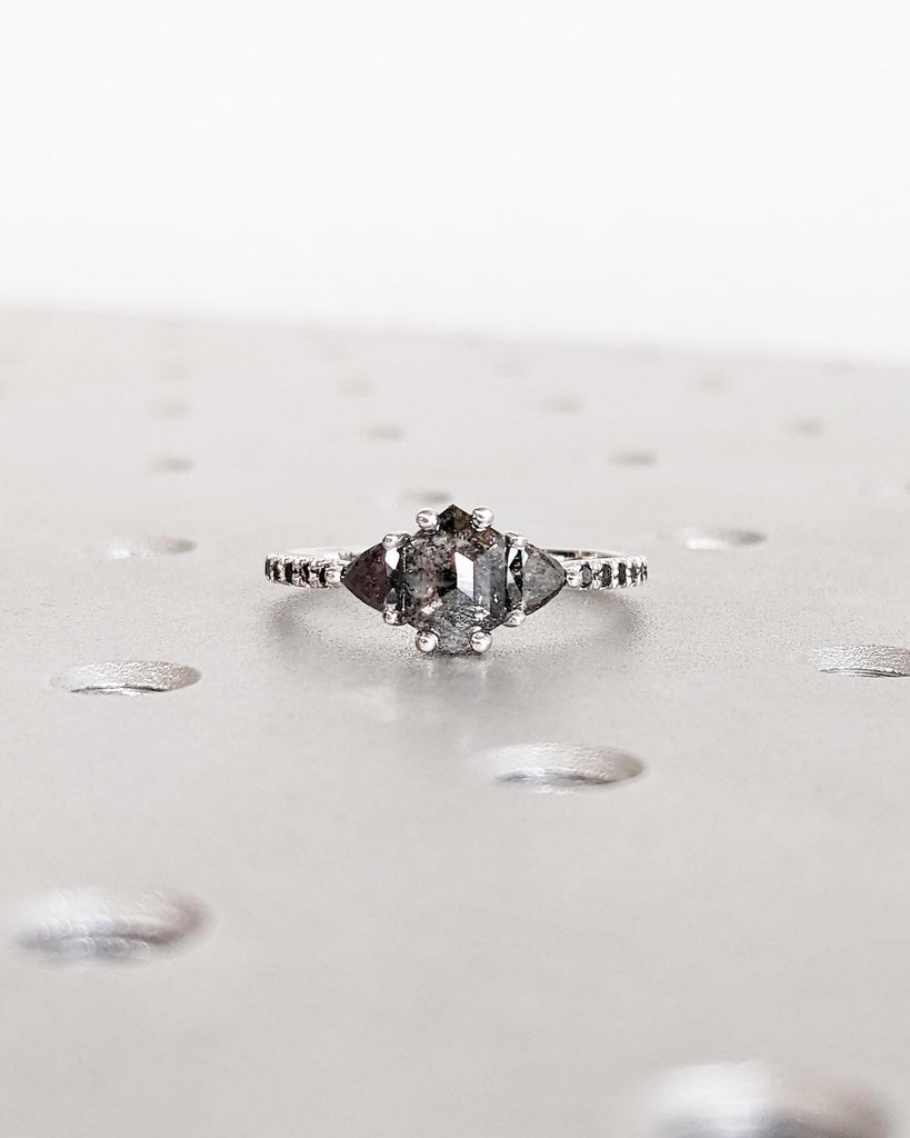 Hexagon Salt and Pepper Diamond Engagement Ring, Half Eternity Band, Trillion Diamonds, Art Deco Wedding 14K White Gold Promise Ring for Her