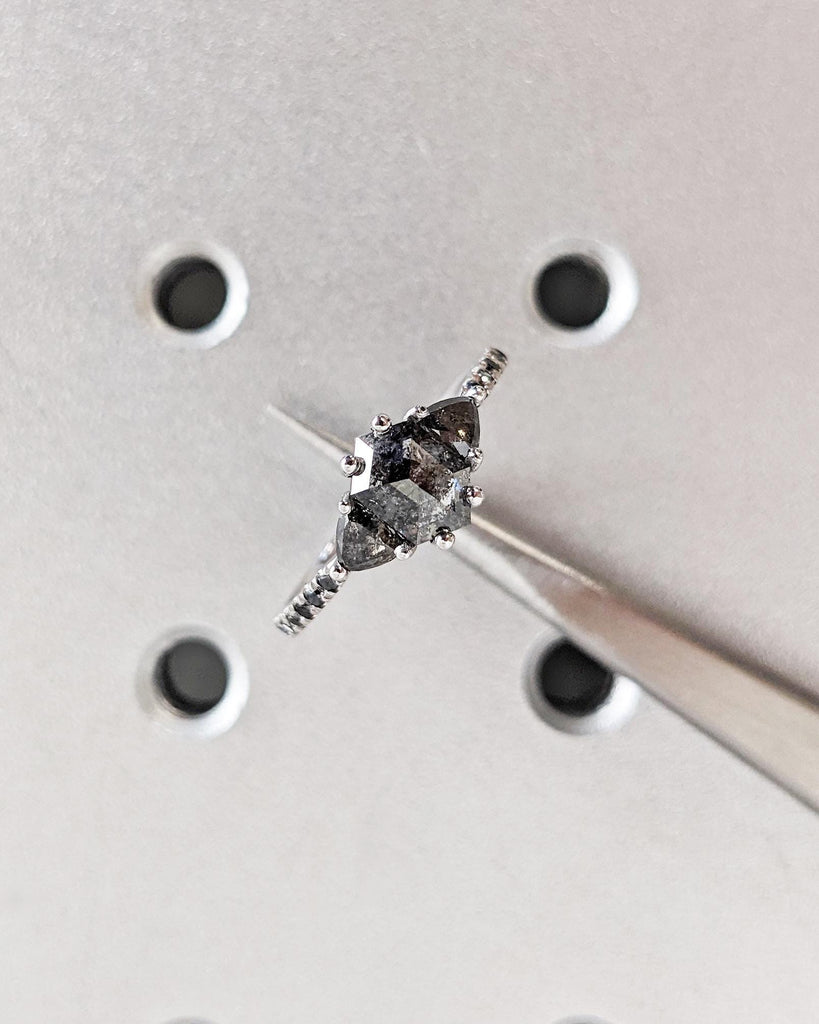 Vintage Grey Salt and Pepper Diamond Ring: Hexagon Diamond, Trillion Side Diamonds, Half Eternity Black Diamond Band, 14K White Gold