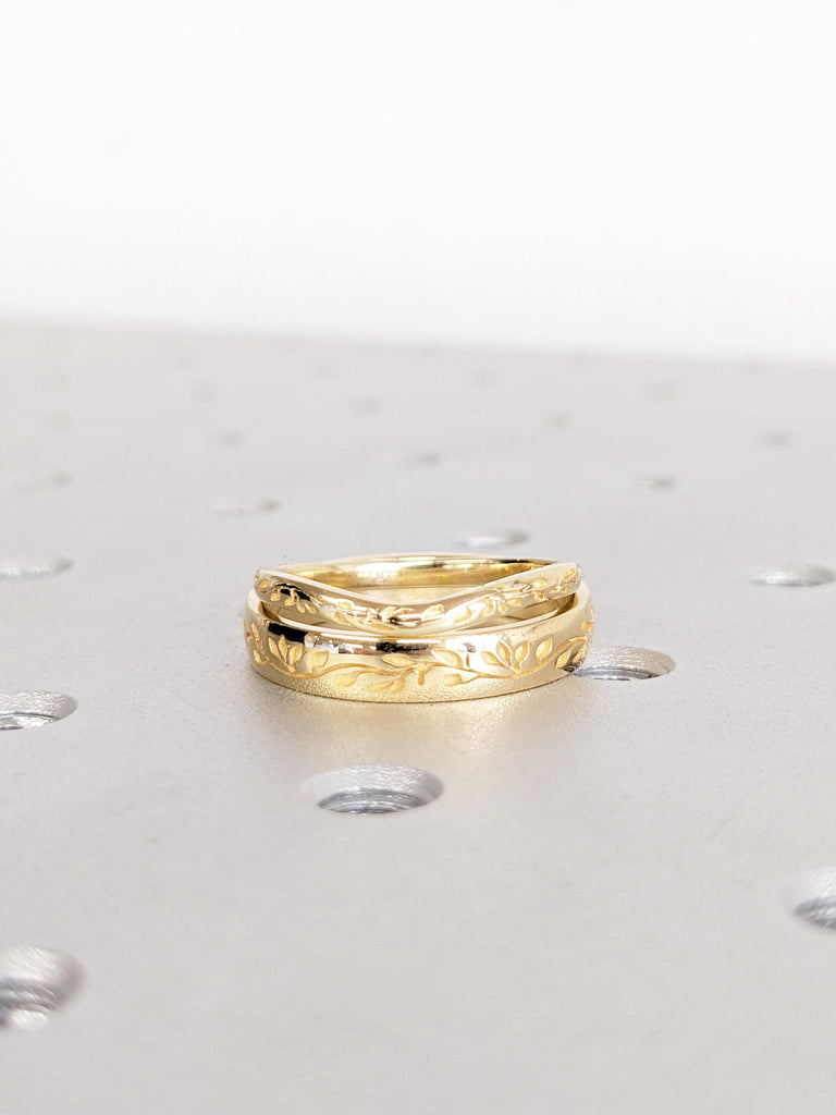 Unique Couple Ring Set, 18K Yellow Gold Ring Set, His and Her Ring, Wedding Band Set