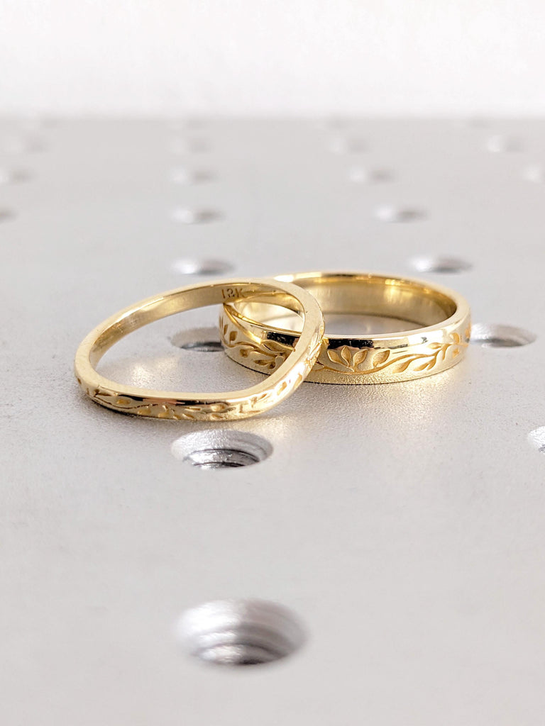18K Yellow Gold Wedding Band, Couple Ring Set, Wedding Band Set, Unique Couple Ring, His and Her Ring, Promise Ring, Personalized Ring Gifts