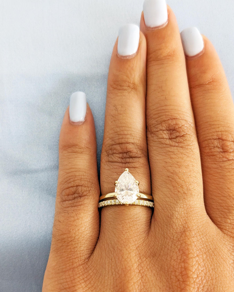 Pear Shaped Moissanite Engagement Ring Set - 14K Yellow Gold - Vintage Bridal Set - Moissanite Stacking Wedding Ring - Art Deco Ring Set