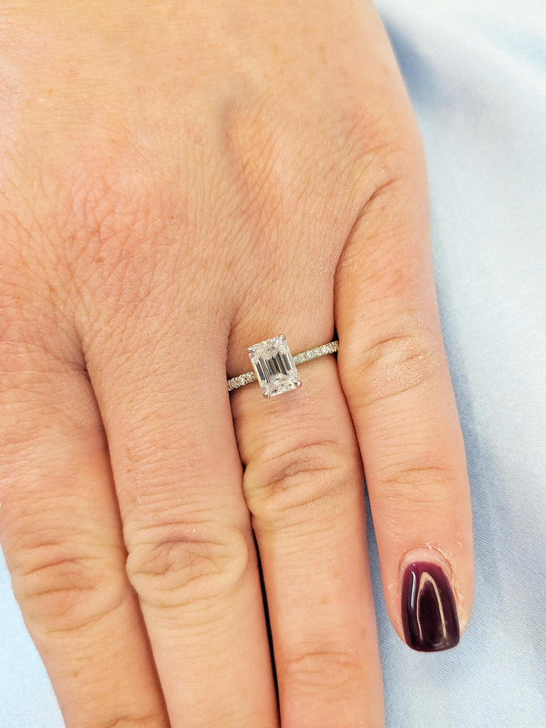 1ct Lab Grown Diamond Ring, Emerald Cut Engagement Ring, 14k Gold Hidden Halo Ring