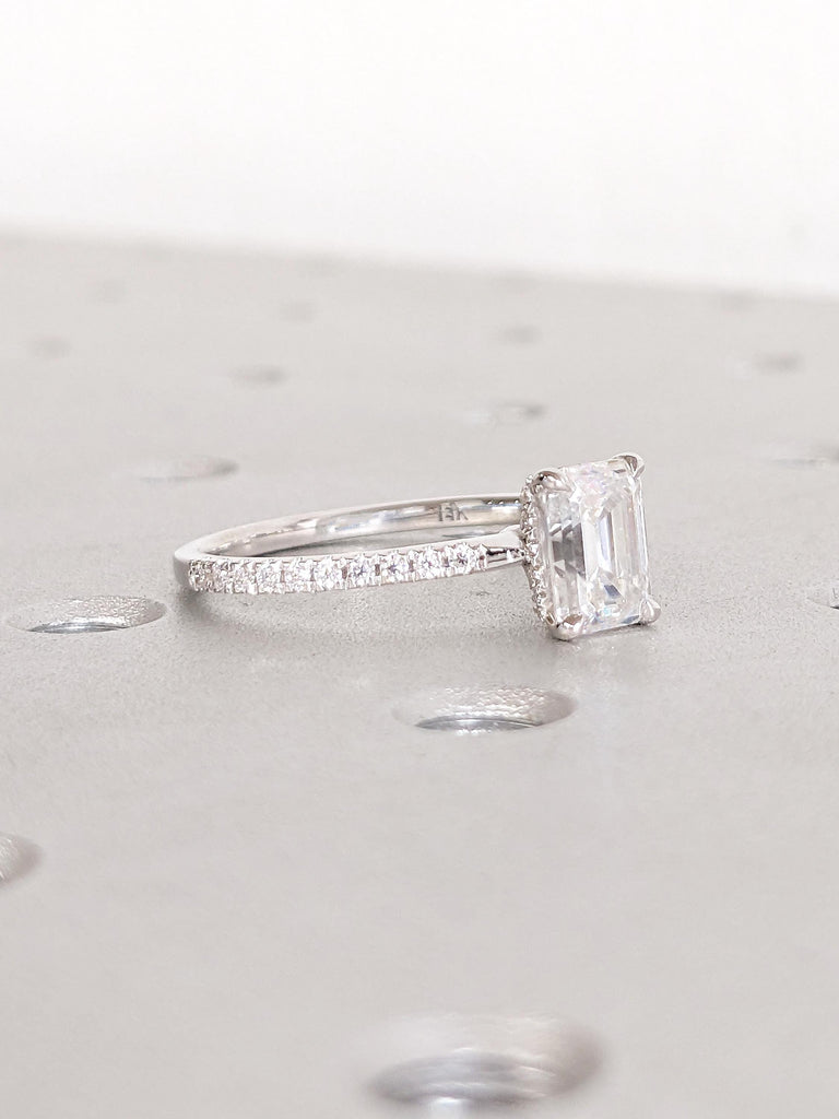 1ct Lab Grown Diamond Ring, Emerald Cut Engagement Ring, 14k Gold Hidden Halo Ring