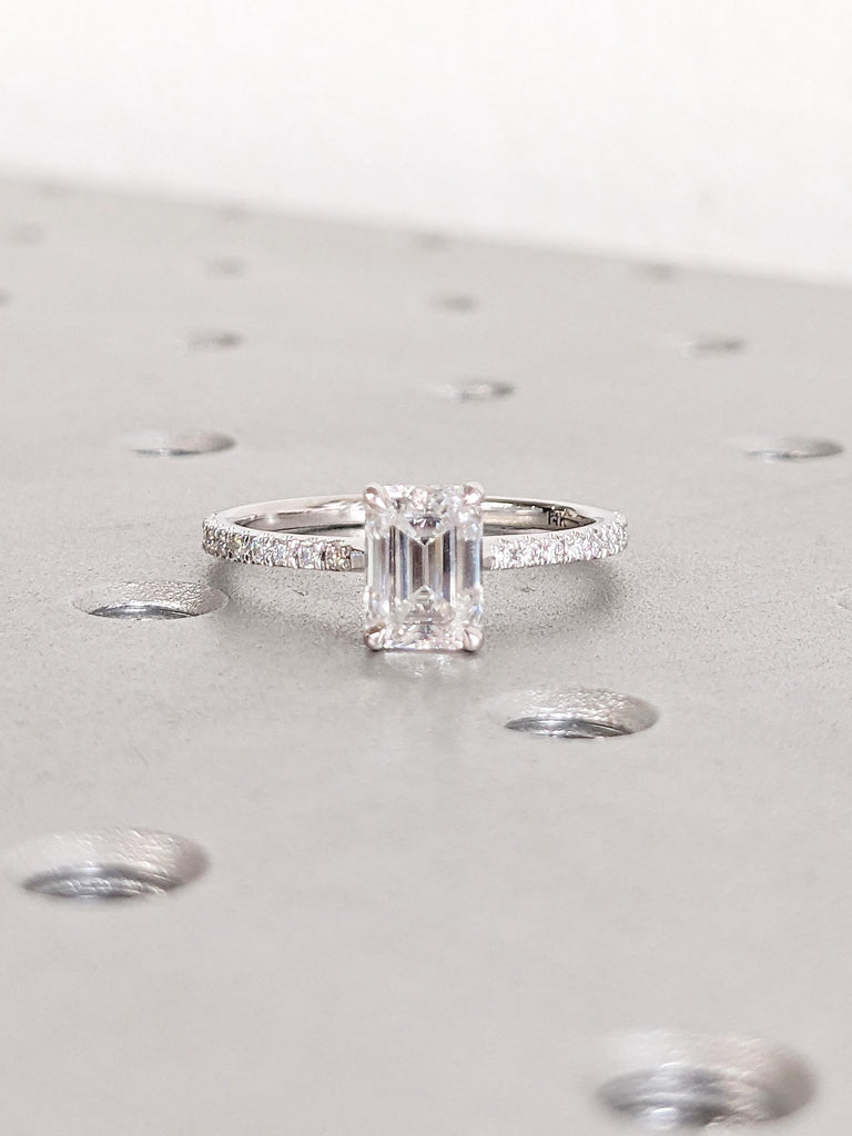1ct Lab Grown Diamond Ring, Emerald Cut Engagement Ring, 14k Gold Hidden Halo Ring