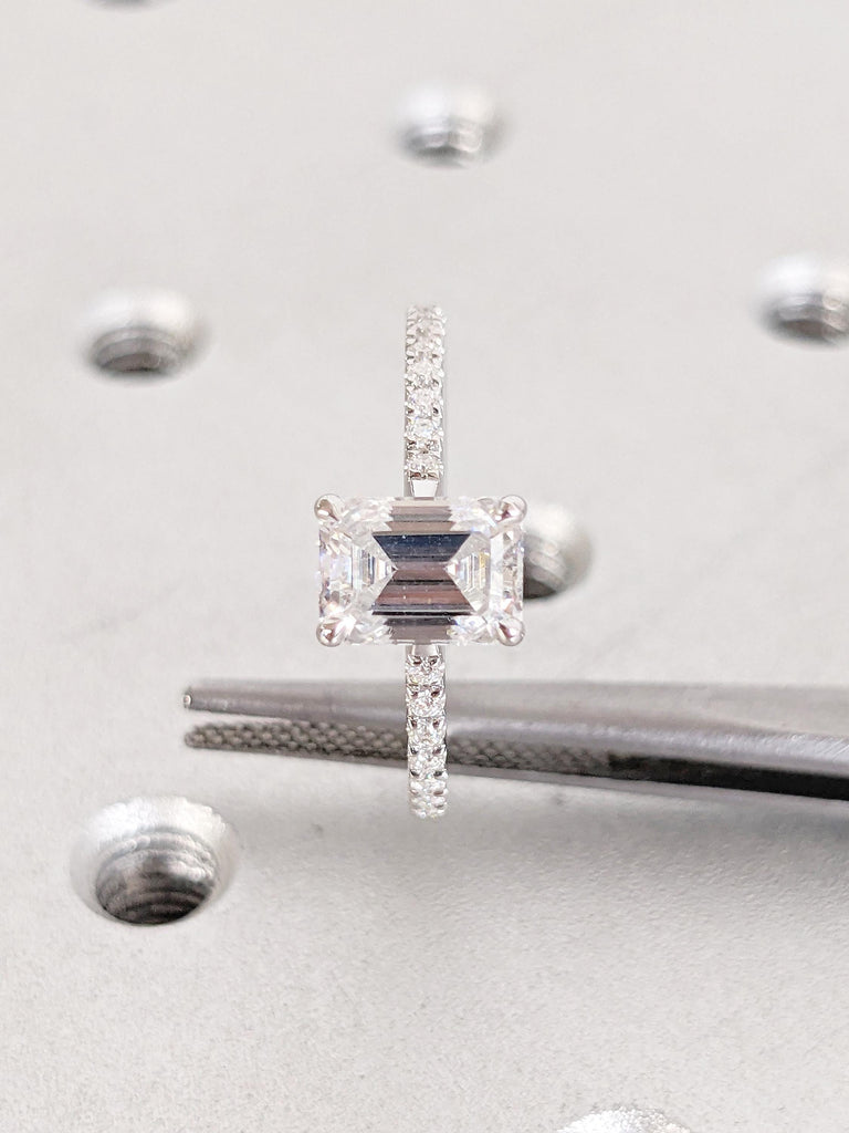 Emerald Cut Engagement Ring, 14k Gold Hidden Halo Ring