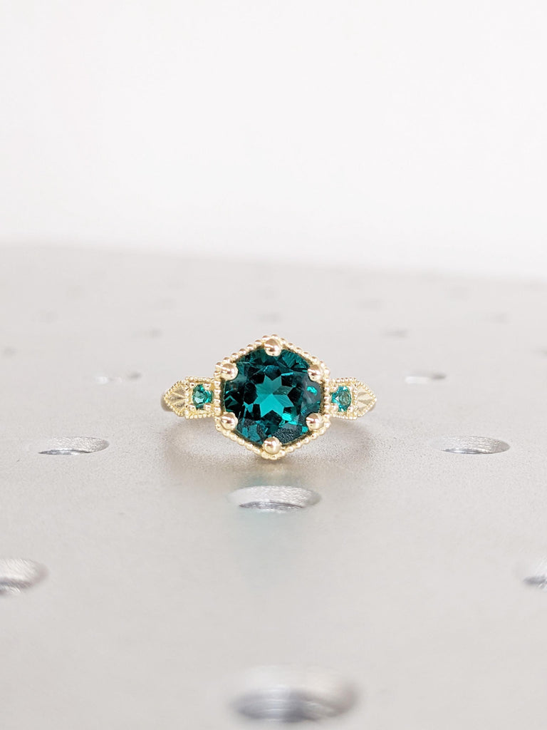 14K Yellow Gold Lab Emerald Engagement Ring, Round Emerald Vintage Ring, Art Deco Milgrain Wedding Ring, Emerald Jewelry, Birthstone Ring