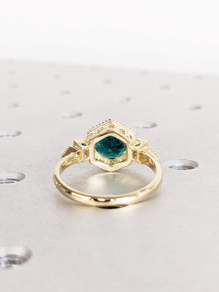 Lab Emerald Engagement Ring, Round Emerald Wedding Ring, Vintage Milgrain Emerald Ring in 14K Yellow Gold, Emerald Jewelry