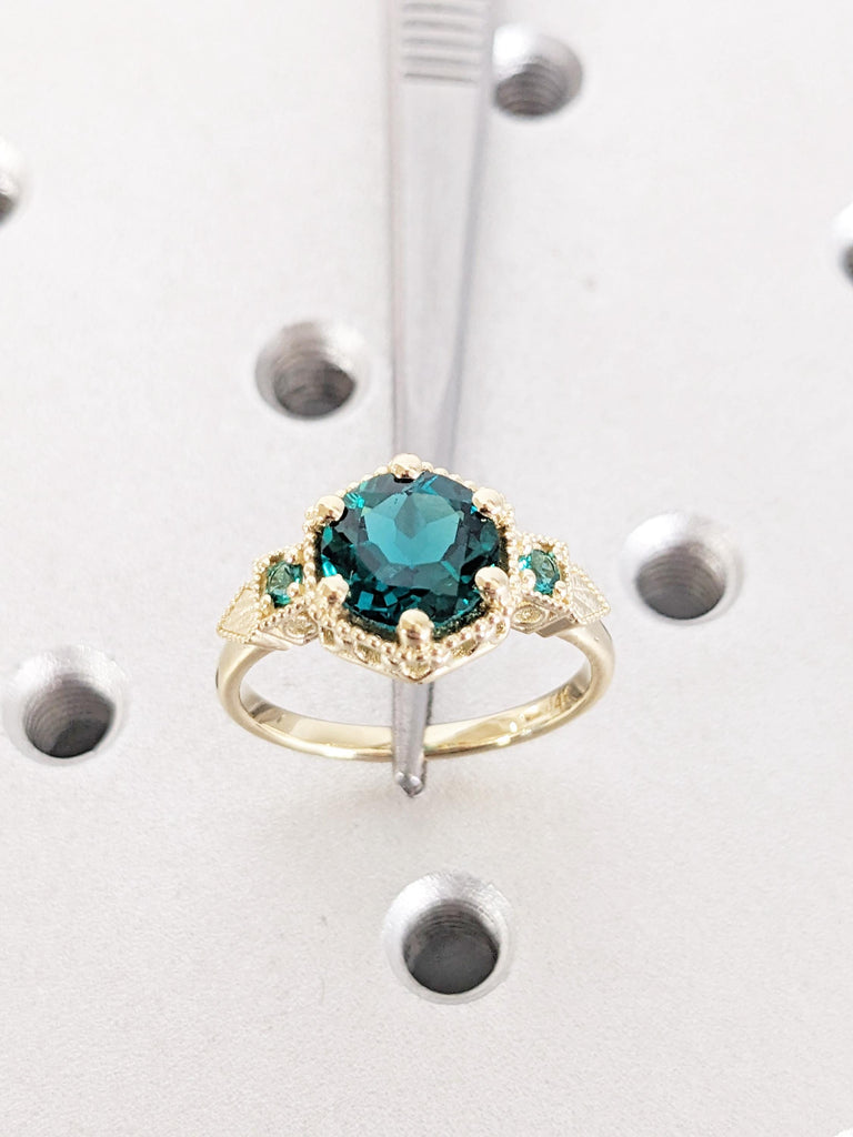 14K Yellow Gold Lab Emerald Engagement Ring, Round Emerald Vintage Ring, Art Deco Milgrain Wedding Ring, Emerald Jewelry, Birthstone Ring