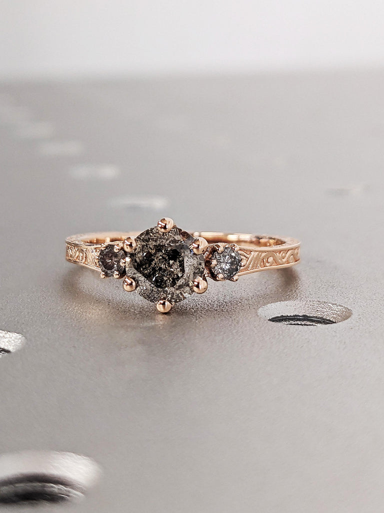 Round Cut Salt and Pepper Diamond Engagement Ring, 14K Rose Gold Art Deco 3 Stone Black Diamond Ring, Vintage Filigree Bridal Band