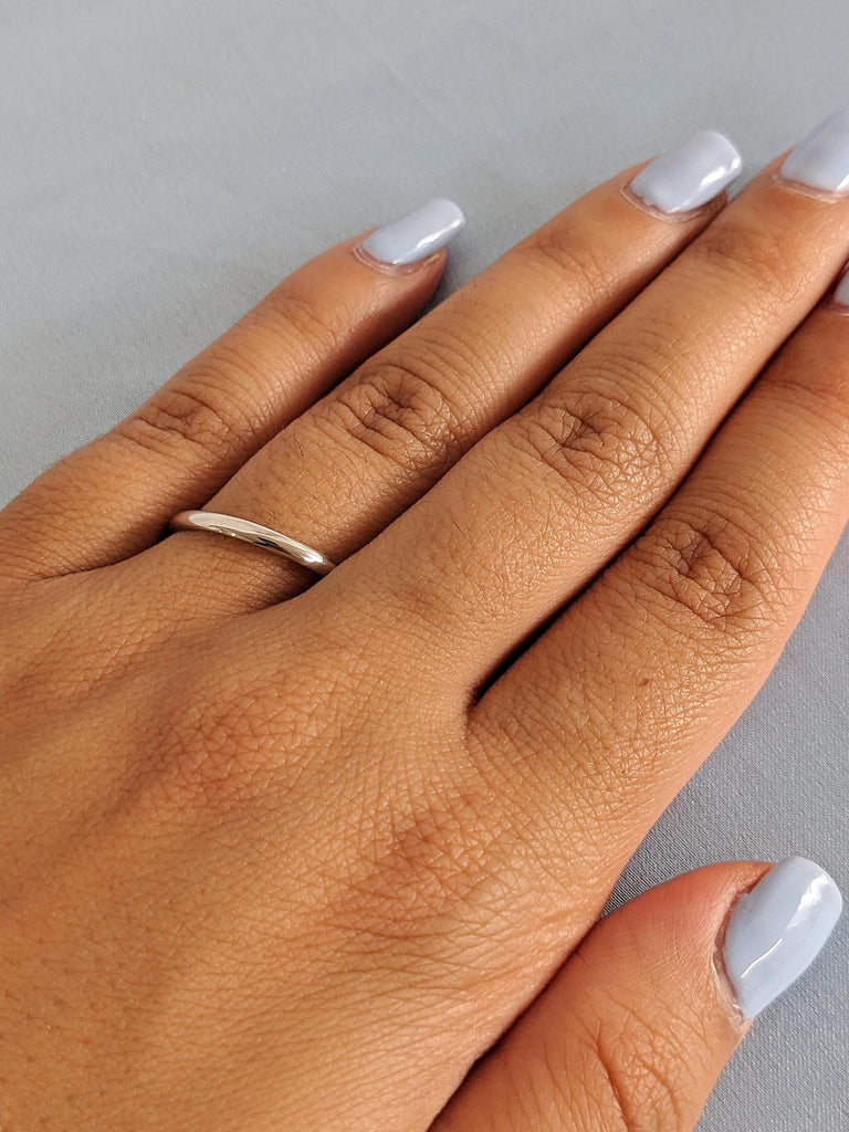 Thin 18K Polished White Gold Wedding Band, 2MM Low Dome Ring, Dainty Women’s Ring, Classic Plain Shiny Gold Band