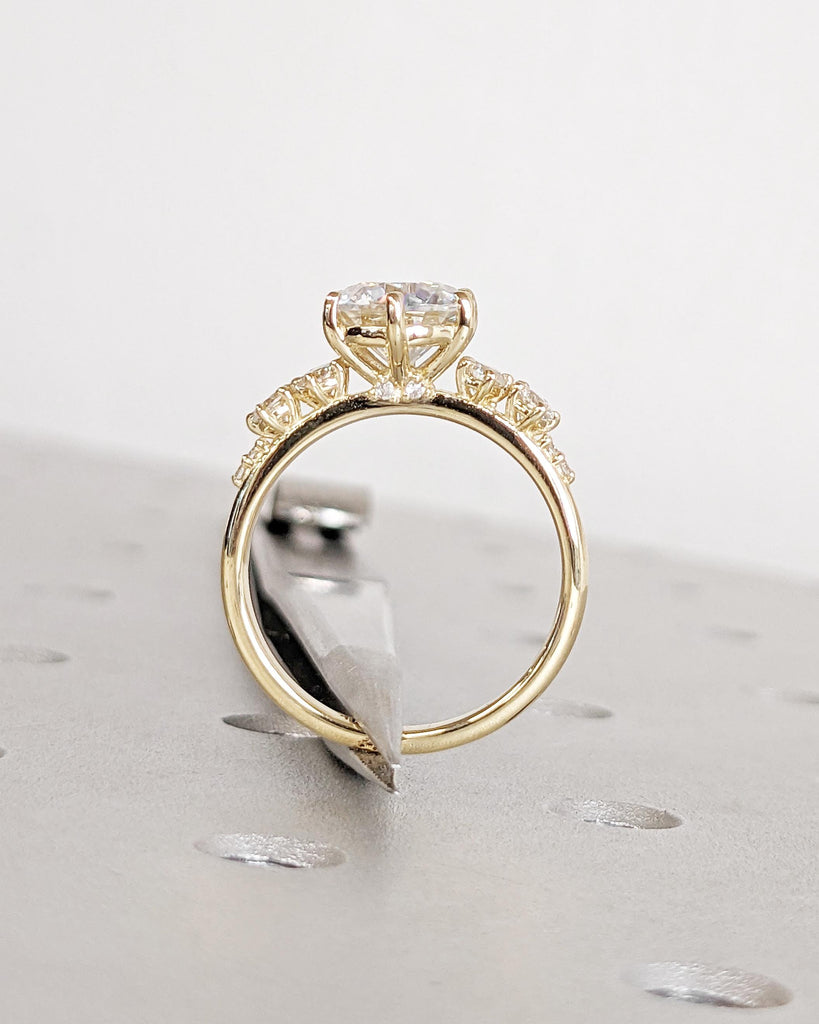 Unique VVS Moissanite and Diamond Engagement Ring | Cluster Accent Solid Gold Ring for Women | 1ct, 1.5ct, 2ct Round Moissanite Wedding Ring