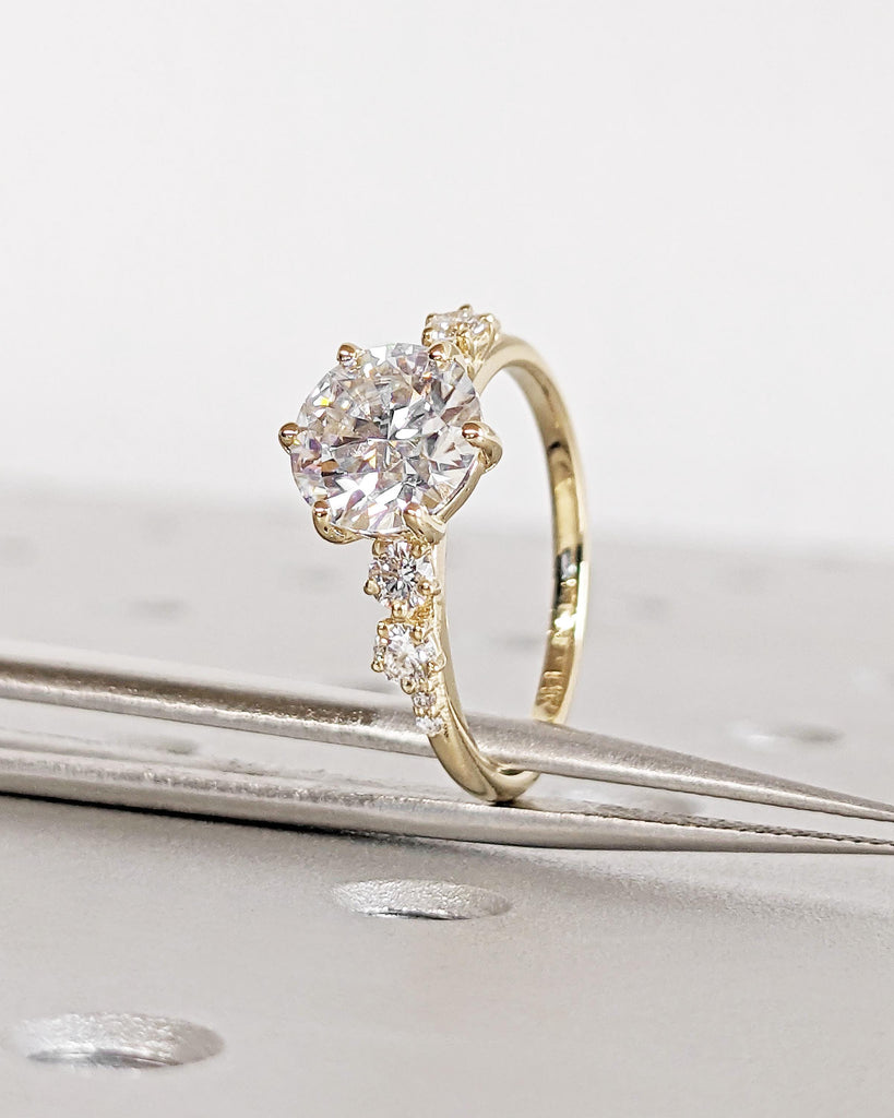 Unique VVS Moissanite and Diamond Engagement Ring | Cluster Accent Solid Gold Ring for Women | 1ct, 1.5ct, 2ct Round Moissanite Wedding Ring