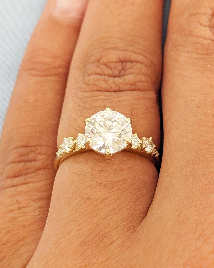 Unique VVS Moissanite and Diamond Engagement Ring | Cluster Accent Solid Gold Ring for Women | 1ct, 1.5ct, 2ct Round Moissanite Wedding Ring