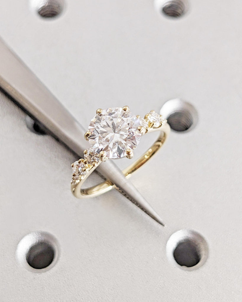 Round Solitaire Moissanite Engagement Ring, 14K Solid Gold Moissanite and Diamond Wedding Ring, Six Prong Unique Cluster Bridal Ring