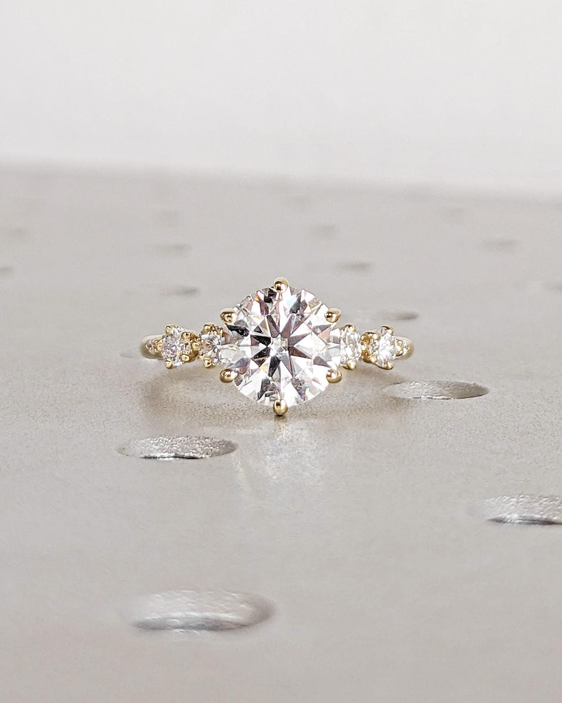 Round Solitaire Lab Diamond Engagement Ring, 14K Solid Gold IGI Certified CVD Diamond Wedding Ring, Six Prong Unique Cluster Bridal Ring