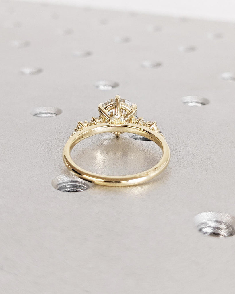 Round Solitaire Lab Diamond Engagement Ring, 14K Solid Gold IGI Certified CVD Diamond Wedding Ring, Six Prong Unique Cluster Bridal Ring