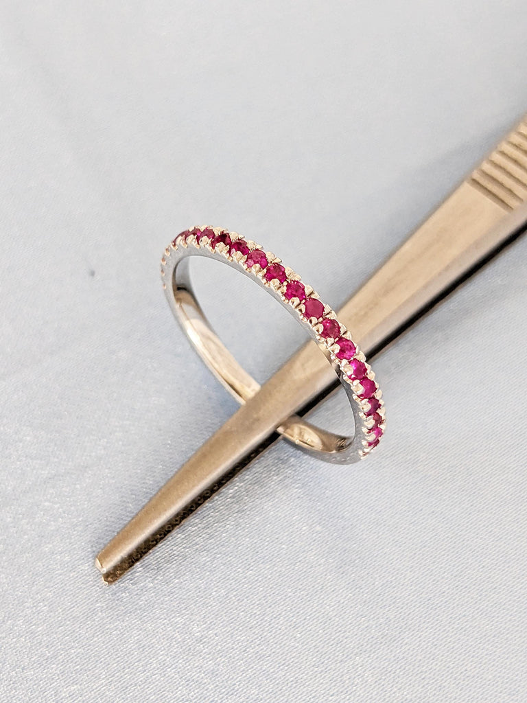 Natural Ruby Ring, Dainty 14k White Gold Wedding Band, Vintage Matching Ring