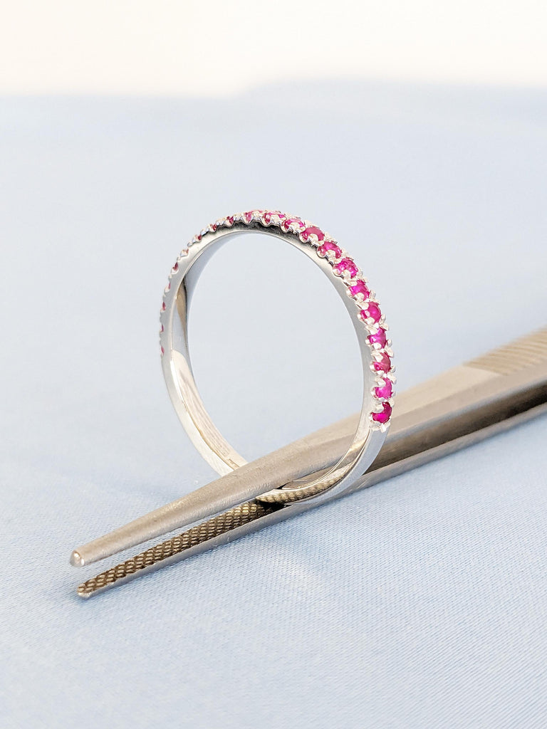 Natural Ruby Ring, Dainty 14k White Gold Wedding Band, Vintage Matching Ring, Red Ruby Stackable Ring, July Birthstone Ring, Gemstone Ring