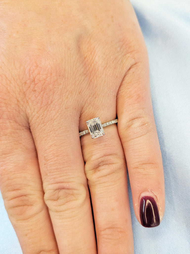 Lab Diamond Ring, Hidden Halo Engagement Ring, 14k White Gold Ring, Half Eternity Ring, 1-2ct Emerald Cut Lab Grown Diamond Anniversary Ring
