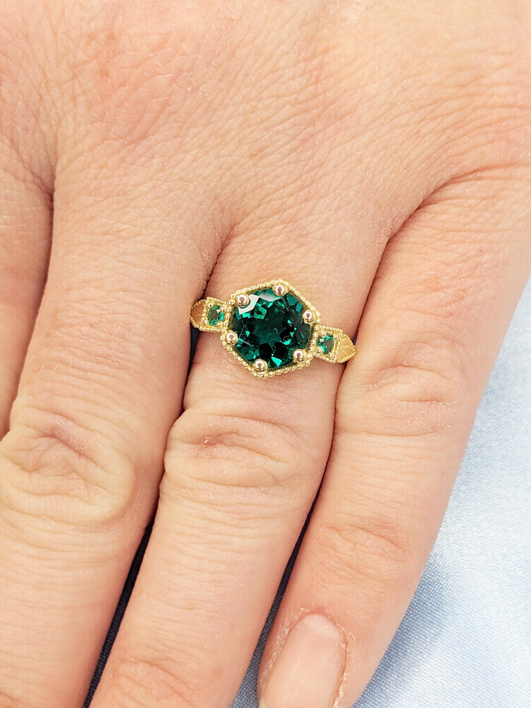 Lab Emerald Engagement Ring, Round Emerald Wedding Ring, Vintage Milgrain Emerald Ring in 14K Yellow Gold, Emerald Jewelry
