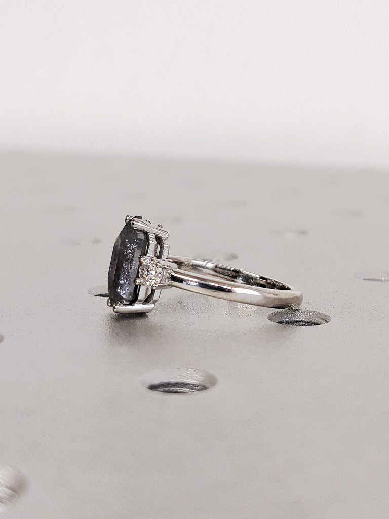 Platinum Hexagon Cut Raw Salt and Pepper Diamond Engagement Ring, Vintage Salt & Pepper Wedding Ring, Icy Diamond Wedding Ring, Gift For Her