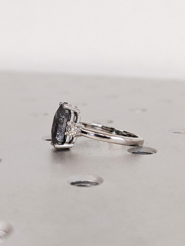 Vintage Hexagon Cut Salt and Pepper Diamond Ring, Platinum Raw Diamond Engagement Ring, Three Stone Wedding Ring, Gothic Jewelry