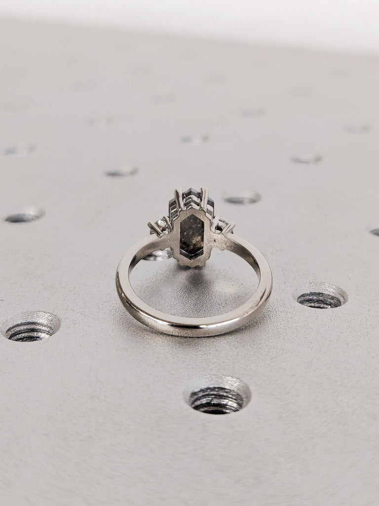 Platinum Hexagon Cut Raw Salt and Pepper Diamond Engagement Ring, Vintage Salt & Pepper Wedding Ring, Icy Diamond Wedding Ring, Gift For Her