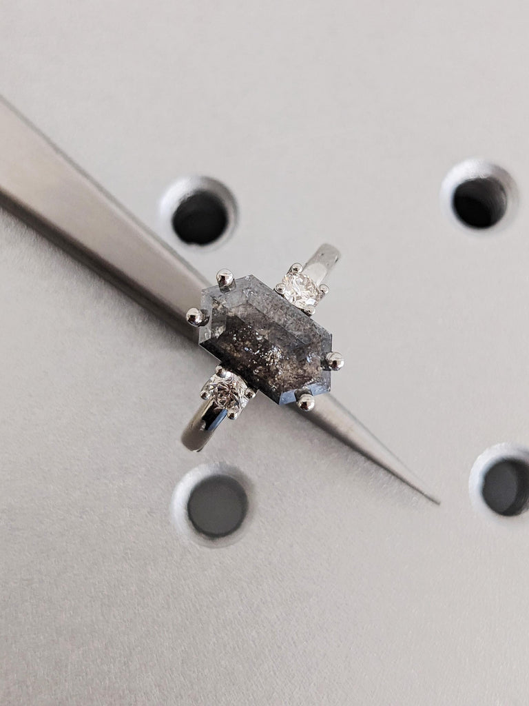 Platinum Hexagon Cut Raw Salt and Pepper Diamond Engagement Ring, Vintage Salt & Pepper Wedding Ring, Icy Diamond Wedding Ring, Gift For Her