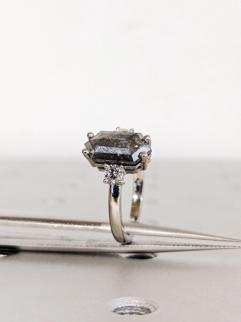 Vintage Hexagon Cut Salt and Pepper Diamond Ring, Platinum Raw Diamond Engagement Ring, Three Stone Wedding Ring, Gothic Jewelry