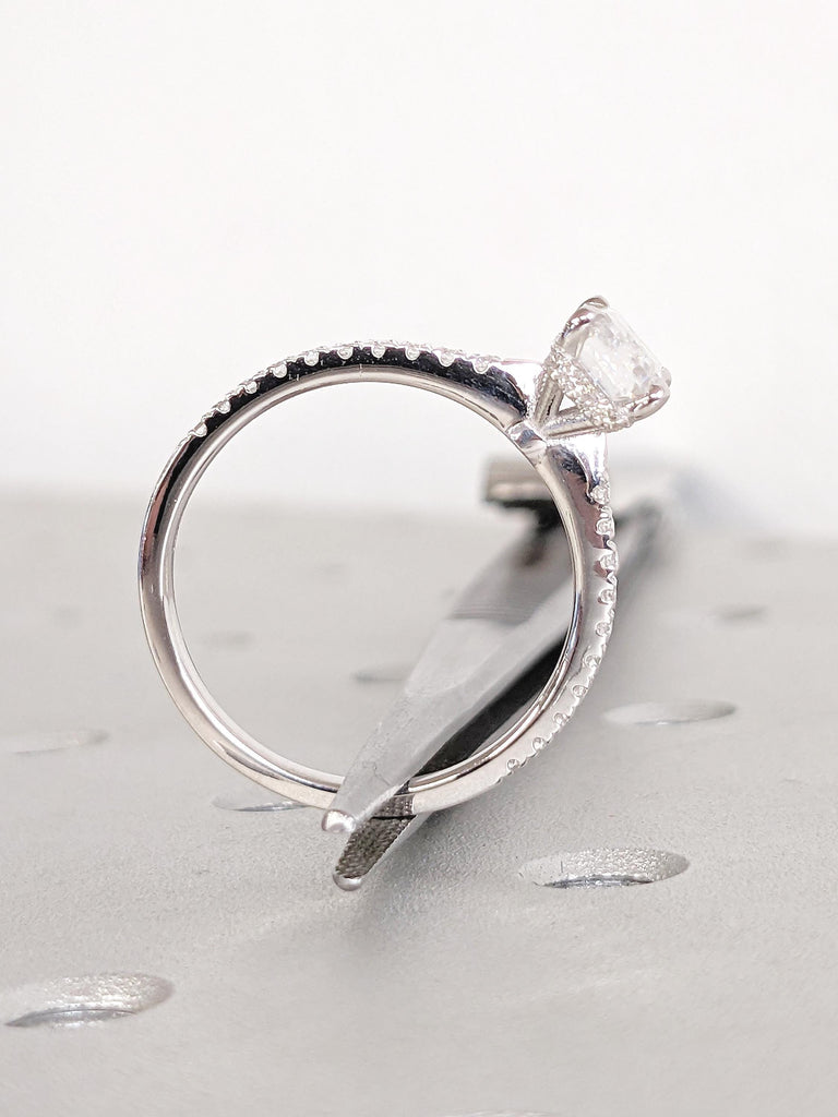 14k White Gold Ring, Emerald Cut Moissanite Ring, Halo Engagement Ring, Half Eternity Ring