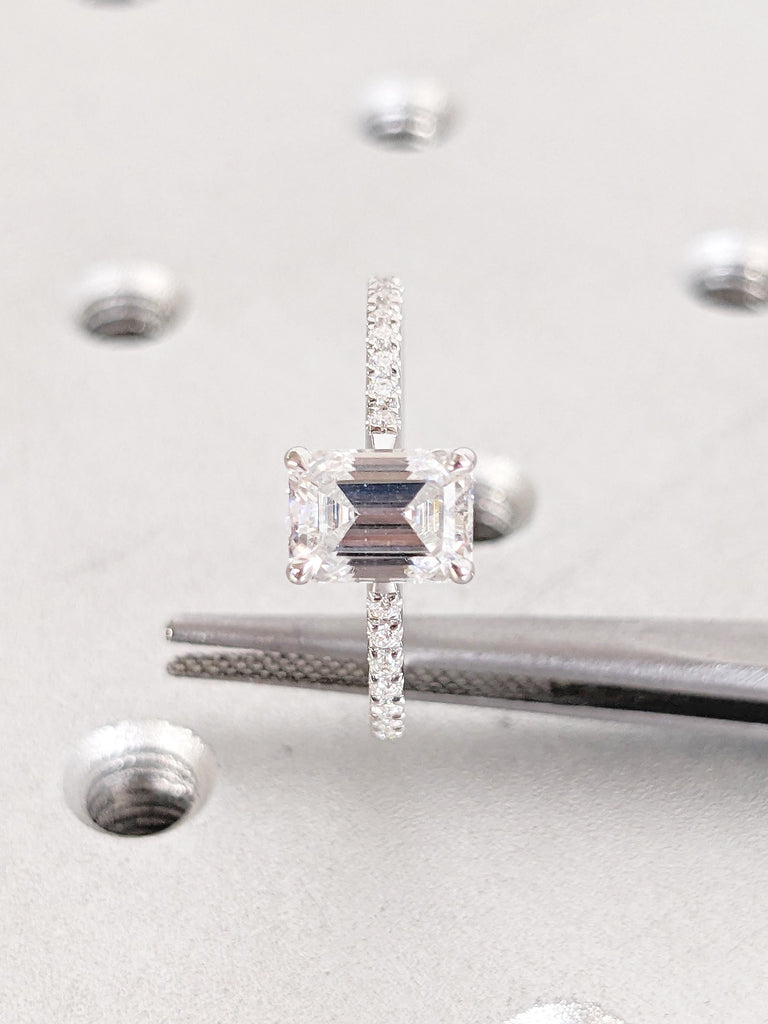 Lab Diamond Ring, Hidden Halo Engagement Ring, 14k White Gold Ring, Half Eternity Ring, 1-2ct Emerald Cut Lab Grown Diamond Anniversary Ring