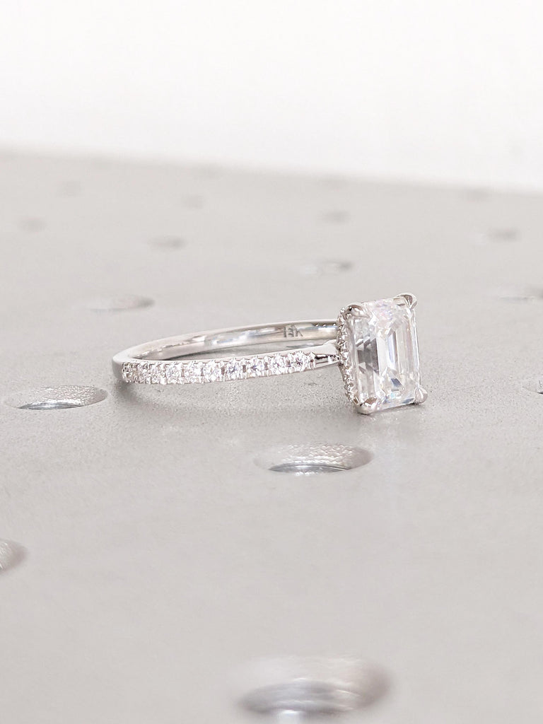 Lab Diamond Ring, Hidden Halo Engagement Ring, 14k White Gold Ring, Half Eternity Ring, 1-2ct Emerald Cut Lab Grown Diamond Anniversary Ring