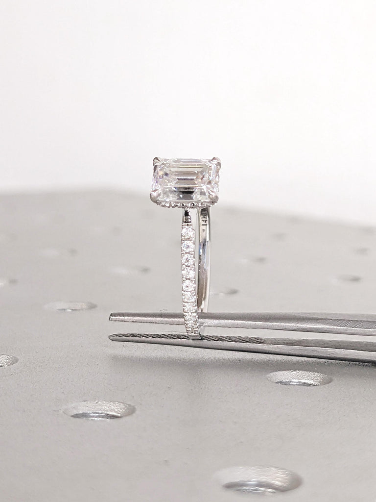 Lab Diamond Ring, Hidden Halo Engagement Ring, 14k White Gold Ring, Half Eternity Ring, 1-2ct Emerald Cut Lab Grown Diamond Anniversary Ring