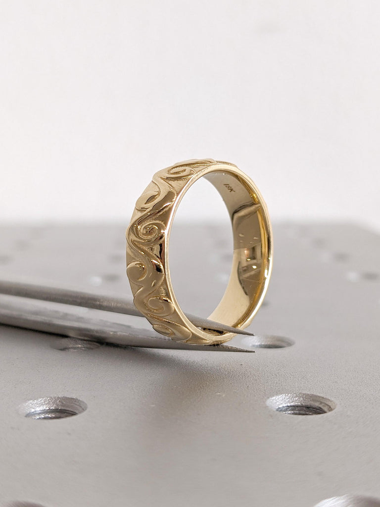 Hand Engraved 6mm Men Wedding Band | Vintage Filigree Wedding Ring for Him | 14K 18K Solid Yellow Gold Rings | Scrollwork Rings for Men