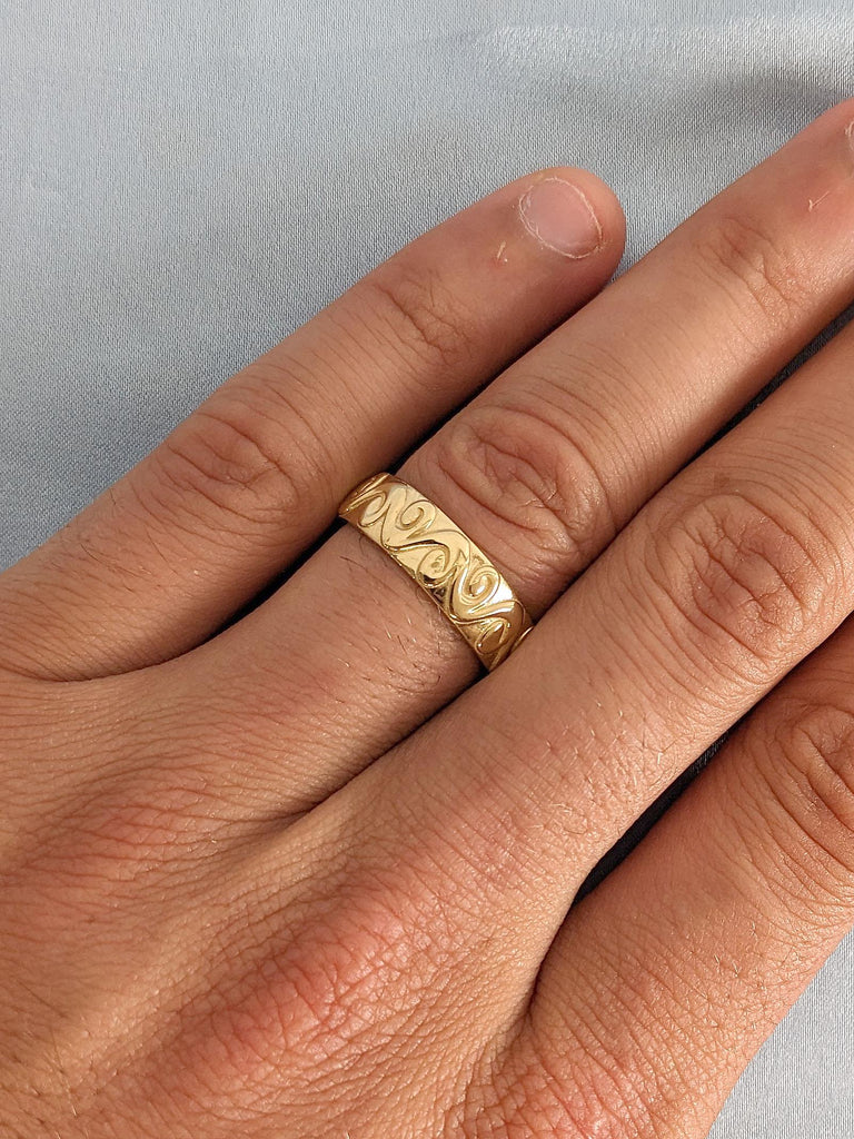 Hand Engraved 6mm Men Wedding Band | Vintage Filigree Wedding Ring for Him | 14K 18K Solid Yellow Gold Rings | Scrollwork Rings for Men