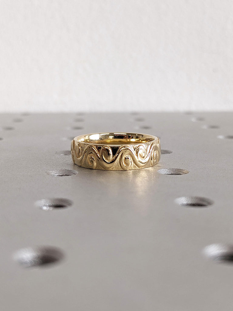 Hand Engraved 6mm Men Wedding Band | Vintage Filigree Wedding Ring for Him | 14K 18K Solid Yellow Gold Rings | Scrollwork Rings for Men