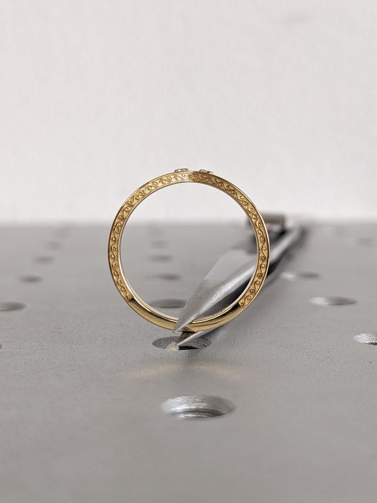 Vintage Chevron Paved Tiny Moissanite Wedding Ring | 18k Yellow Gold Hand Engraved Filigree Band