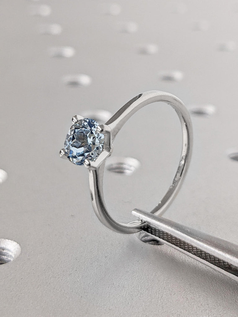 Round Aquamarine Ring, 18k White Gold Engagement Ring, Simple Ring, March Birthstone Ring, Lab Aquamarine Solitaire Ring, Gemstone Jewelry