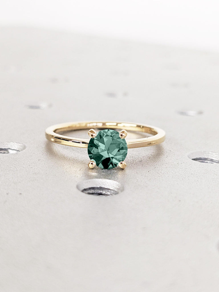 Round Cut Lab Grown Emerald Ring, 18k Yellow Gold Engagement Ring