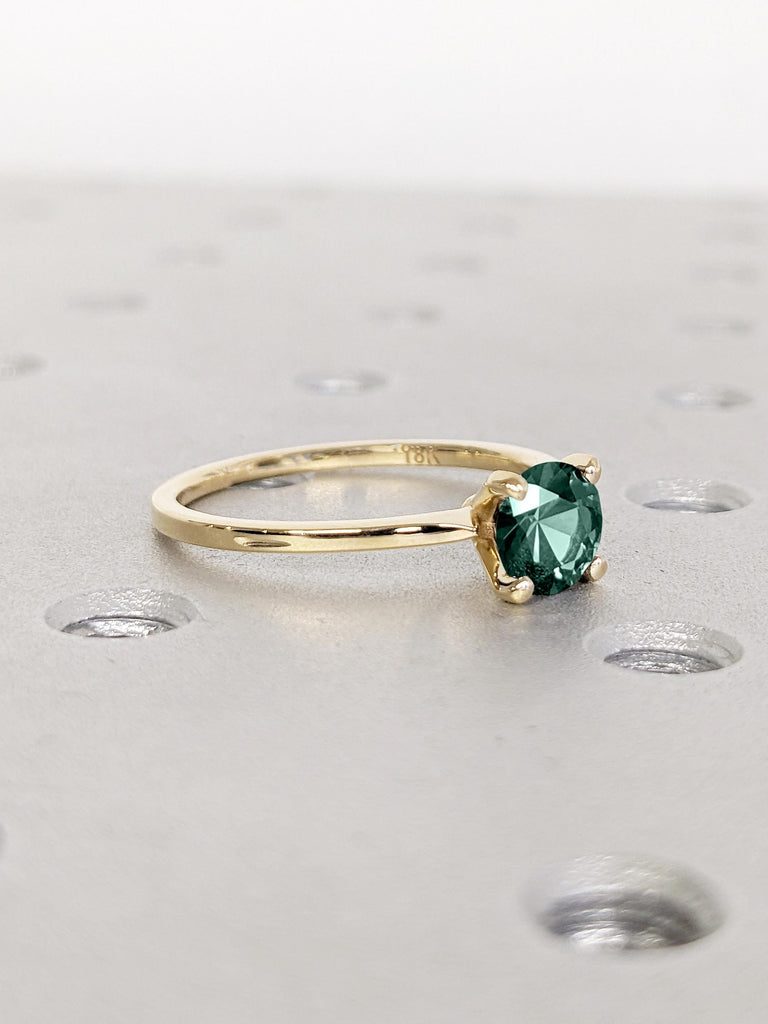 Lab Emerald Engagement Ring, Round Cut 18k Solid Gold Ring, Minimalist Ring