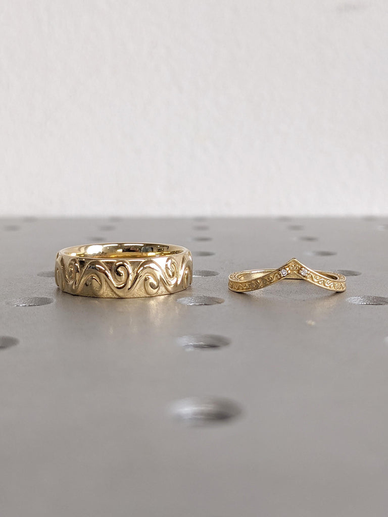 18k Yellow Gold Vintage Wedding Band | His and Hers Wedding Ring Set | Hand Engrave Filigree Couples Ring | Commitment Ring | 6mm Mens Band