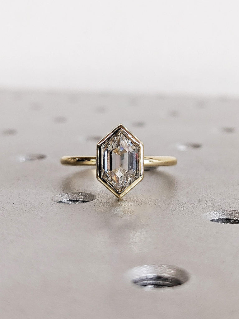 Hexagon Cut Lab Diamond Solitaire Ring, 14K Yellow Gold Bezel Setting Wedding Band, Women’s Engagement Anniversary Ring